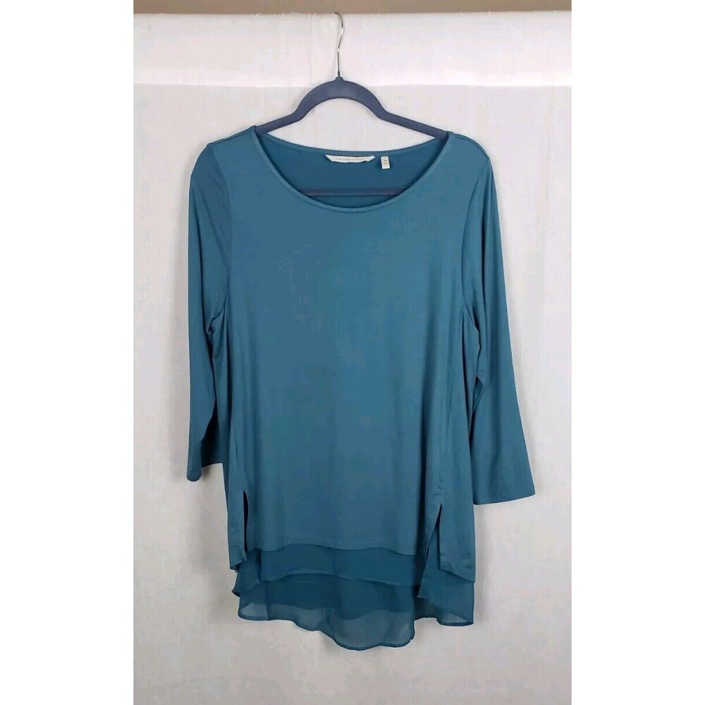 Soft Surroundings Tunic Top M Sheer Ruffle Hem‎ Slub Hunter Green Minimalist